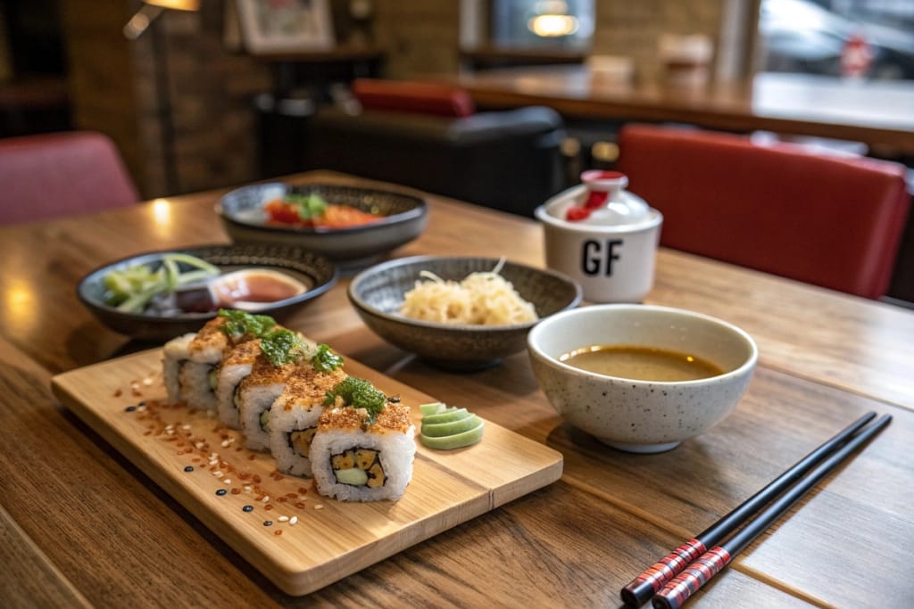 A concluding glimpse of various gluten free japanese food dishes on a cozy table, signifying the satisfying end to a safe, delicious meal.