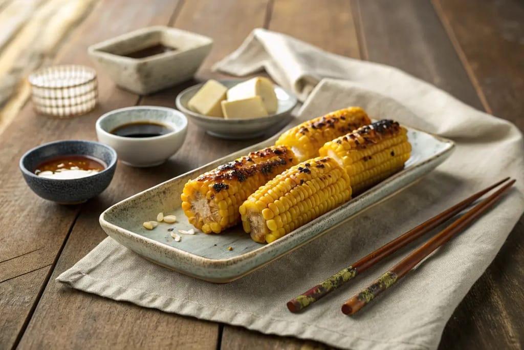 A concluding scene highlighting a mouthwatering platter of Japanese-style grilled corn, inviting readers to try these recipes at home.