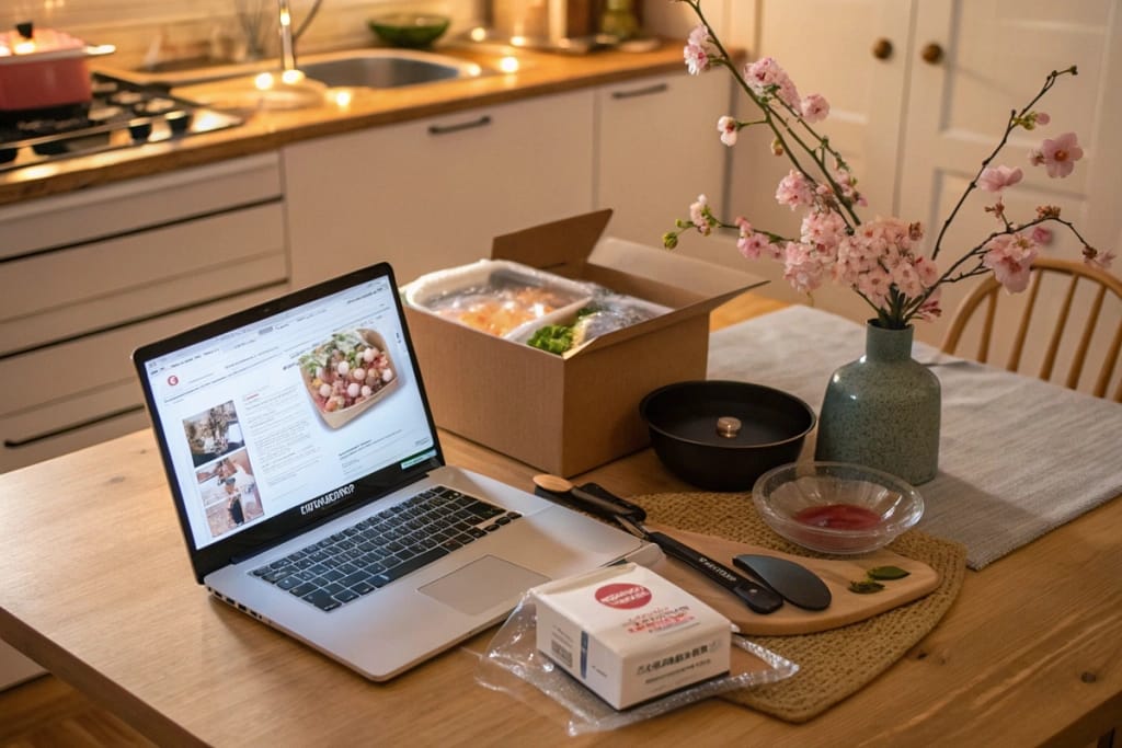 A tranquil post-delivery scene showcasing freshly arrived Japanese groceries, symbolizing the ease and satisfaction of japanese food online orders.