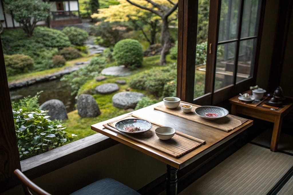 A tranquil post-meal setting, symbolizing the conclusion of a sushi dining experience and reflecting the peaceful essence of Japanese culinary culture.