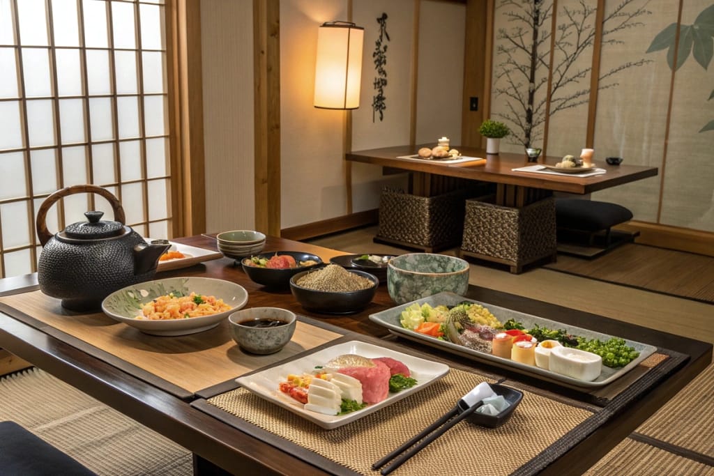 A serene Japanese dining setup showcasing sushi, sashimi, tempura, and traditional tea, highlighting the harmonious and elegant nature of Japanese cuisine.