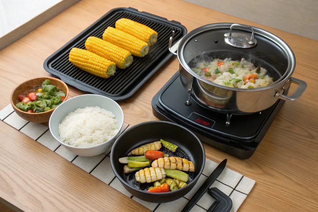 Visual collage showcasing popular Japanese corn cooking methods: grilling, boiling, sautéing, and rice-cooking.