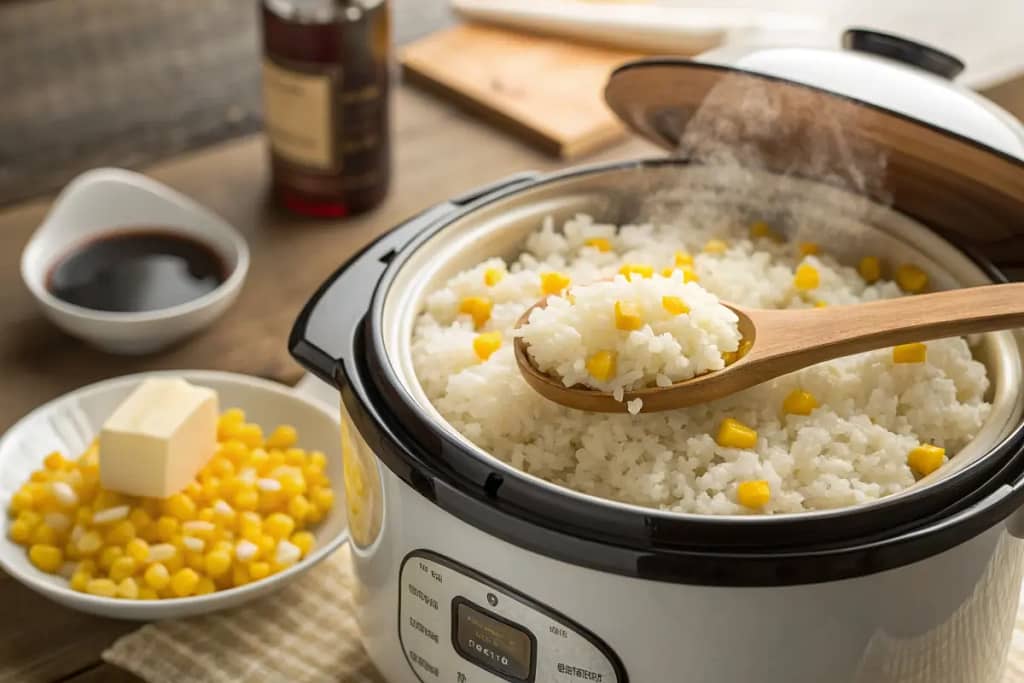 Close-up of steamed corn rice (tomorokoshi gohan) in a rice cooker, highlighting the vibrant kernels and aromatic steam.