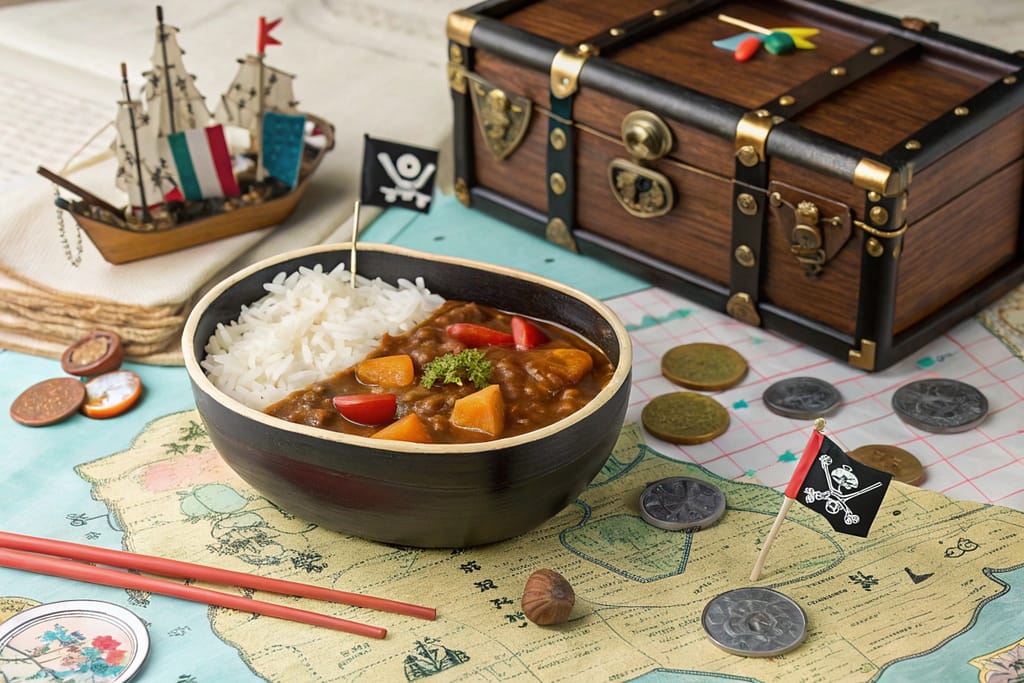 Japanese curry presented in a treasure chest bowl, surrounded by pirate-themed decorations and One Piece figurines