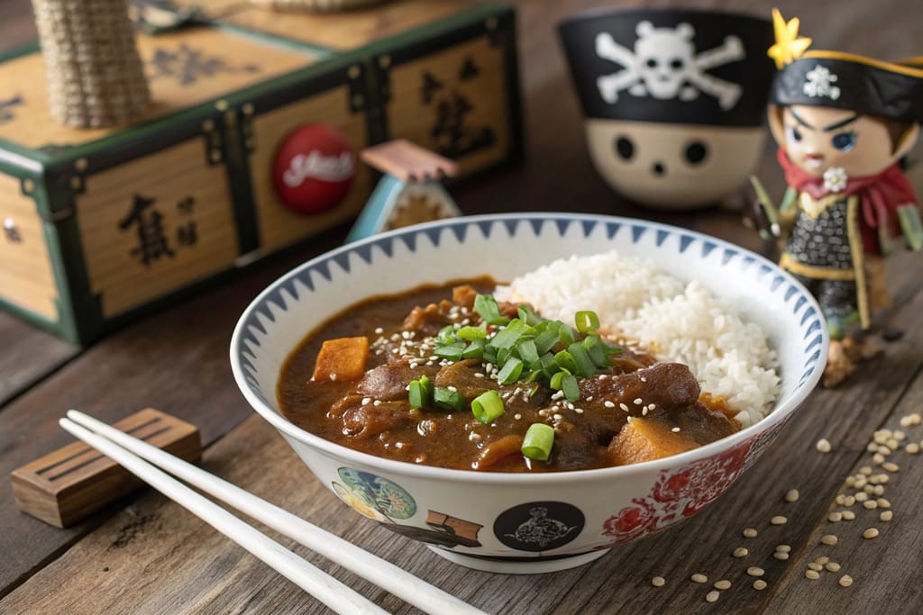 A beautifully plated One Piece-themed Japanese curry bowl, decorated with green onions and surrounded by pirate-themed accessories.