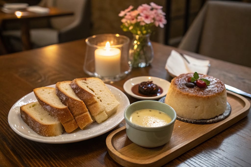 A welcoming dinner table scene showcasing a variety of milk-based Japanese foods—from bread to soup and a creamy dessert—capping off a delightful culinary journey.