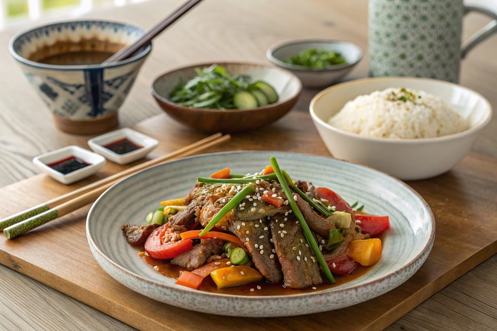 Plated traditional Japanese dish garnished with sesame seeds and green onions, served with steamed rice and pickled vegetables on a wooden table.