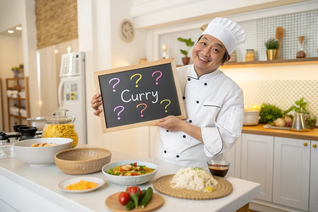 "A friendly Japanese chef holding a chalkboard with curry-related FAQs about Japanese Curry Recipe One Piece, set in a cozy kitchen environment.