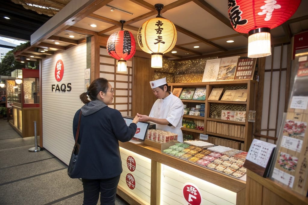 A helpful FAQ kiosk at a Japanese candy store, where a staff member assists a customer holding a pizza kit.