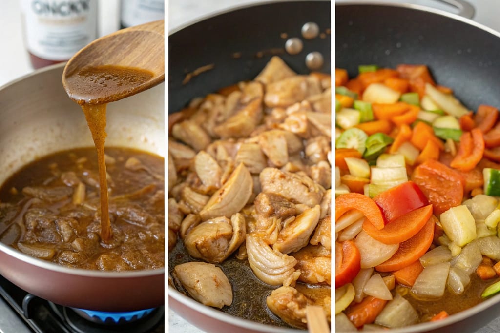 Step-by-step process of cooking Japanese curry, from caramelizing onions to adding roux and simmering.