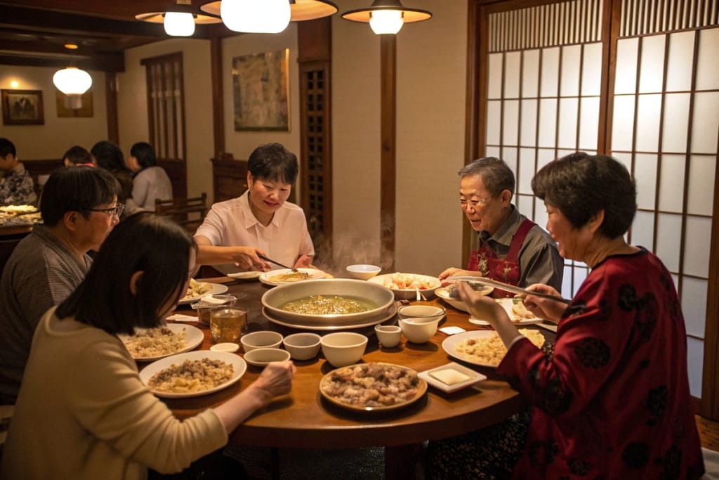 Side-by-side depiction of communal Chinese dining versus individually plated Japanese meals, highlighting fundamental cultural contrasts.