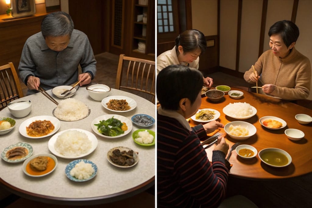 A visual comparison of Chinese communal feasting versus individually portioned Japanese meals, reflecting each culture’s dining philosophy.