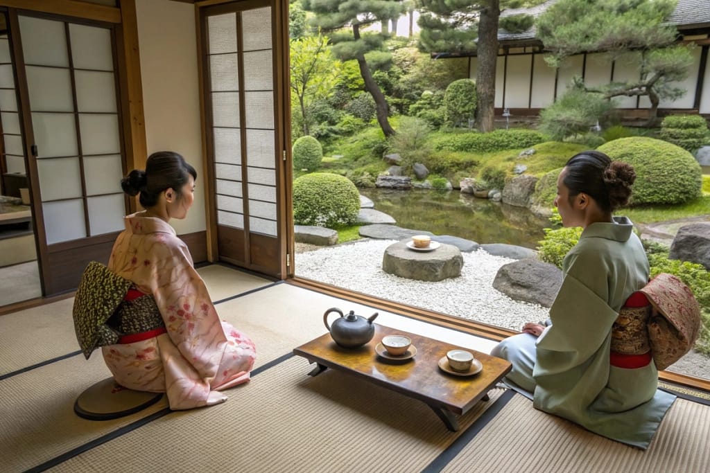 A traditional Japanese tea ceremony setup highlighting the cultural significance and meticulous arrangement that influence Japanese cuisine.