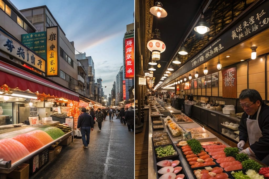 A contrasting image highlighting the busy, lively atmosphere of a Chinese market versus the calm, understated vibe of a Japanese eatery.