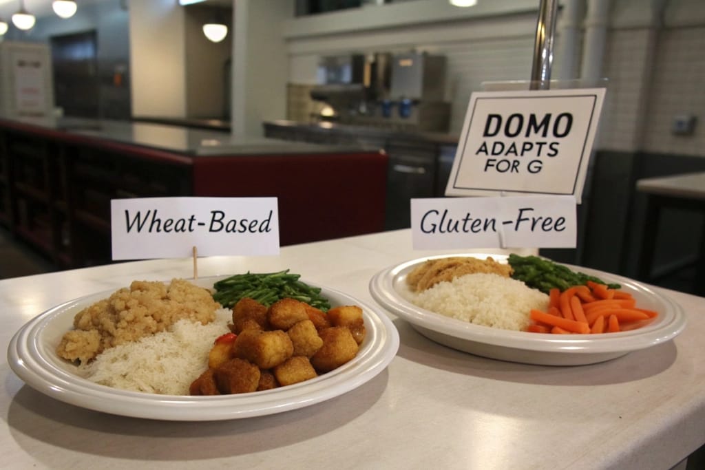 Contrast of typical wheat-based Japanese items versus gluten-free adaptations, illustrating how Domo can modify dishes for celiac diners.