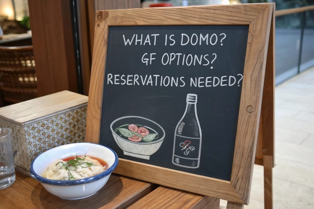 A Q&A board clarifying common inquiries about Domo’s menu, GF accommodations, and unique countryside cooking concept.