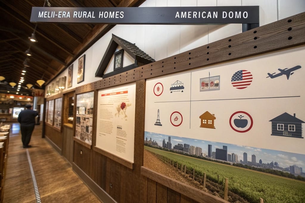 A timeline tracing the journey of rural Japanese cuisine from traditional farmland to a modern Denver-based restaurant concept, exemplified by Domo.