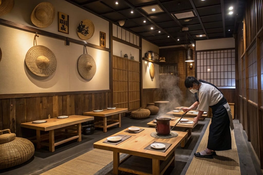 Inside Domo’s dining area, revealing countryside-inspired décor and clay-pot meals that highlight the heartiness of rural Japanese cuisine.