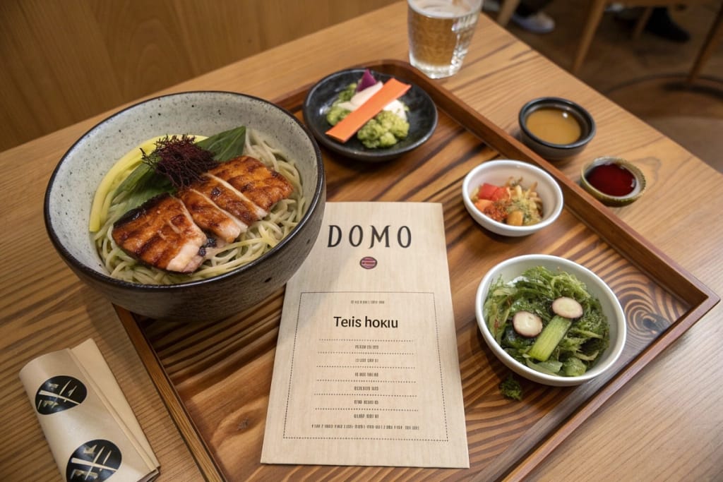 A spread of signature Domo dishes—nabeyaki udon, teishoku fish set, and pickled vegetables—representing the hearty array of offerings on the menu.