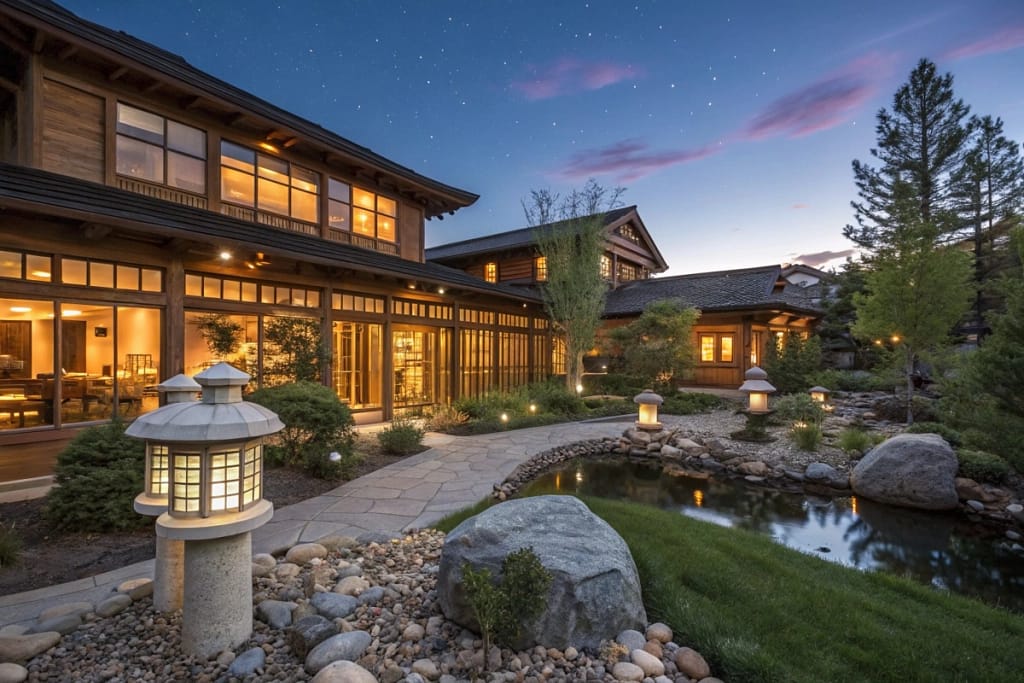 Domo’s rustic exterior in Denver, framed by a tranquil Japanese garden, previewing the homestyle atmosphere within the restaurant.