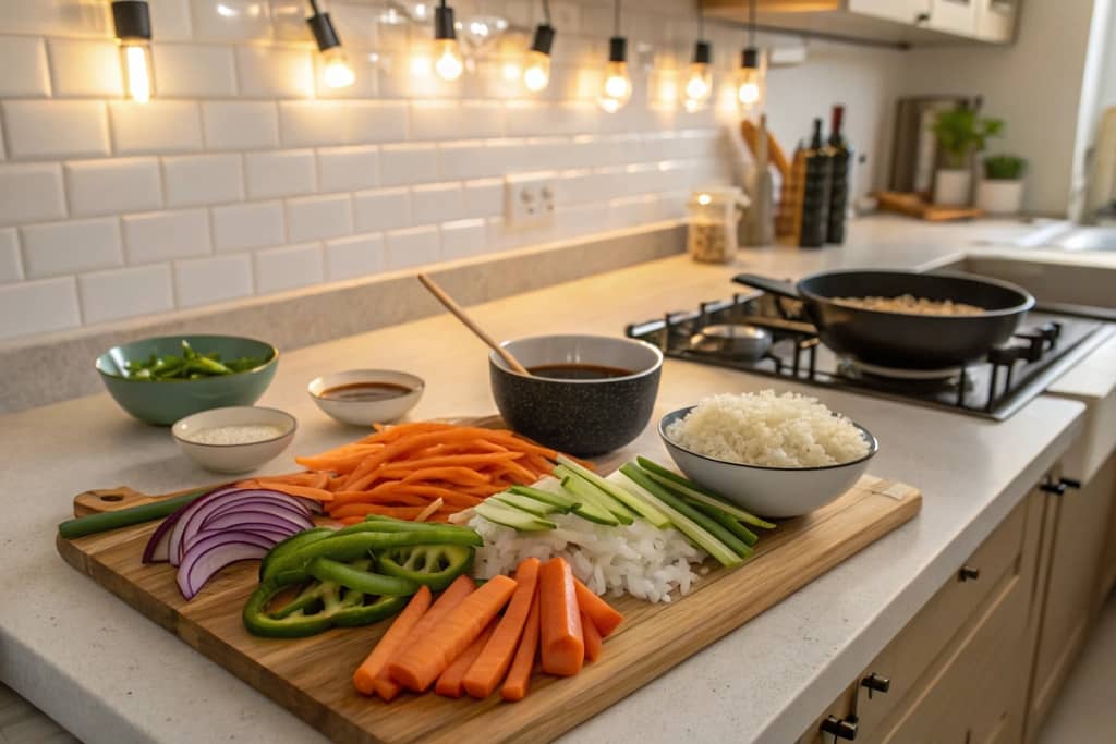 A cozy Japanese kitchen setup with chopped veggies, soy sauce, and rice ready for a simple dinner.