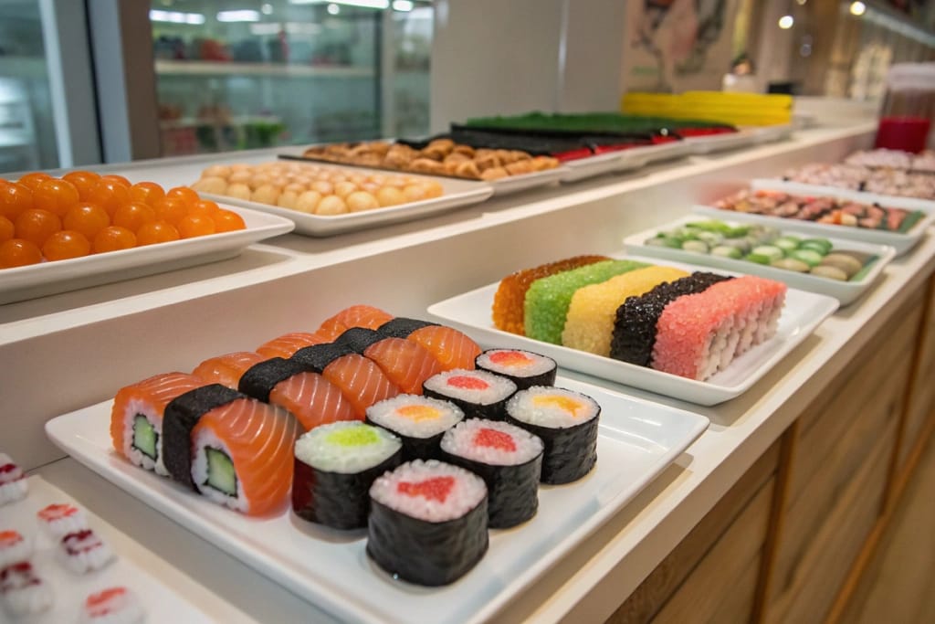 A final scene of completed Japanese fake food kits on a shelf, showcasing the wide spectrum from candy-based fun to hyper-realistic plastic displays.