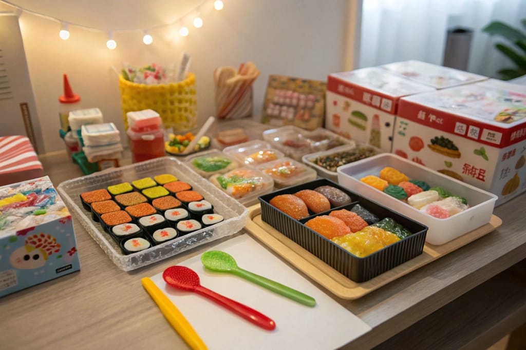 A variety of Japanese fake food kits set out on a table, featuring candy-making sets and realistic sushi replicas, highlighting the fun and artistry of these items.