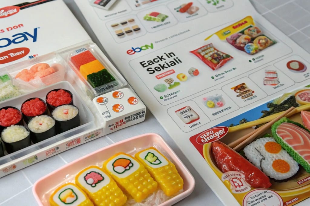 A collage highlighting different eBay Japanese fake food kit listings, from cartoonish candy sets to realistic plastic ramen bowls, exemplifying the platform’s variety.