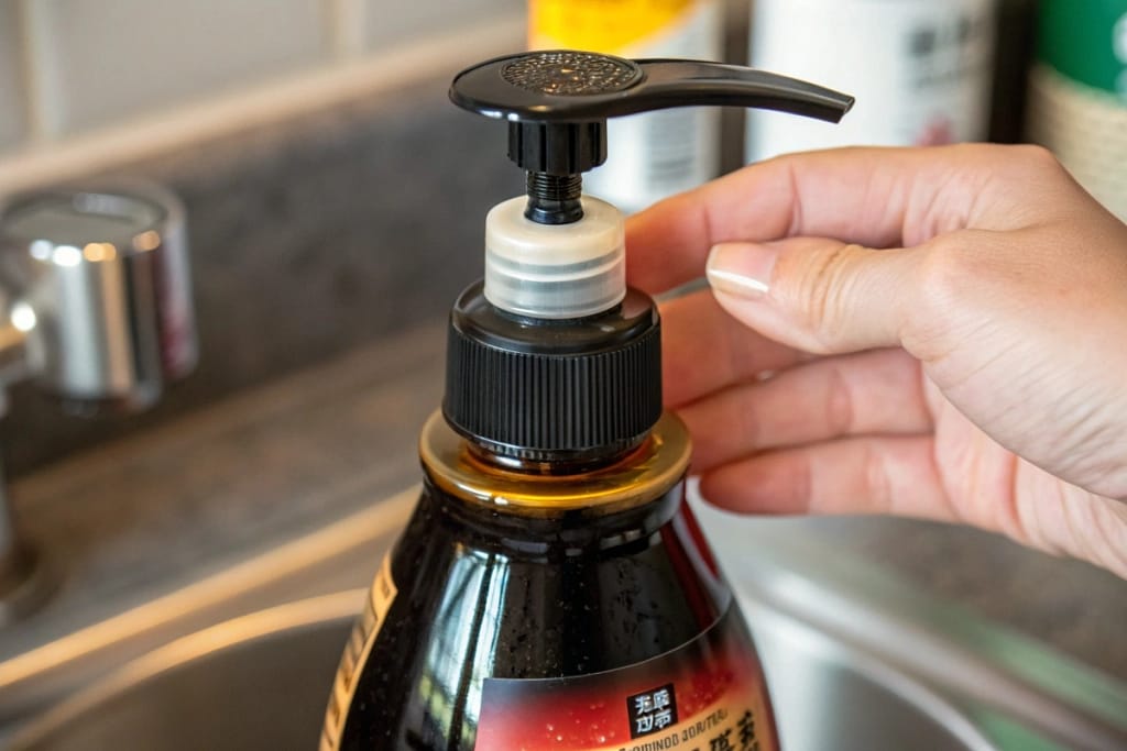 Close-up of a soy sauce–themed shampoo pump, illustrating the craftsmanship and functional nozzle important for genuine fake food novelties.