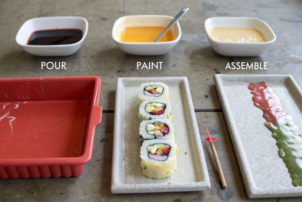 A three-step visual guide to crafting a fake sushi roll, from pouring liquid material into a mold to painting and final assembly.