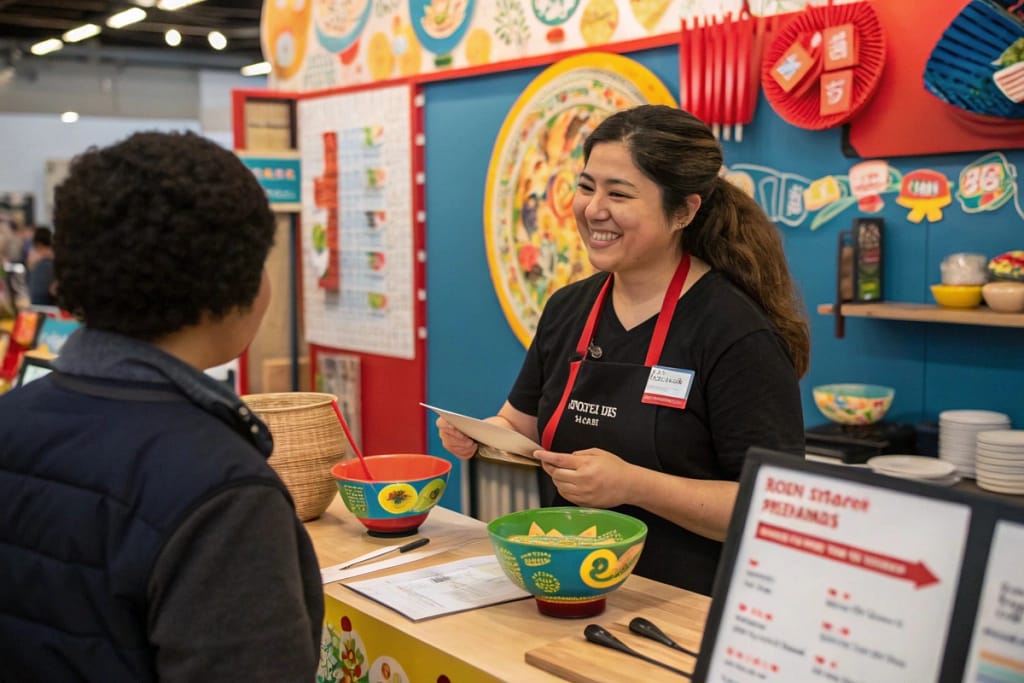 A Q&A scene in a craft workshop, where a staff member explains the painting process for a fake ramen bowl to an intrigued customer.