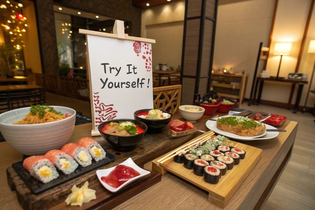 A final showcase of diverse fake Japanese dishes arranged invitingly on a wooden table, alongside a friendly sign encouraging visitors to make their own.