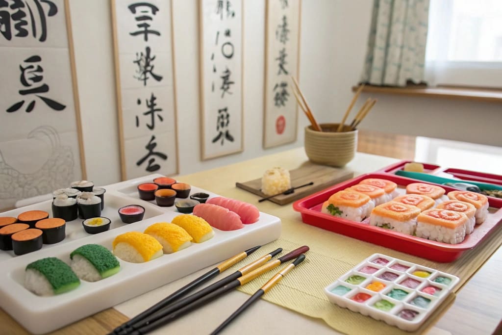 An introductory scene showcasing both real sushi and partially completed fake food replicas on a well-lit crafting table.