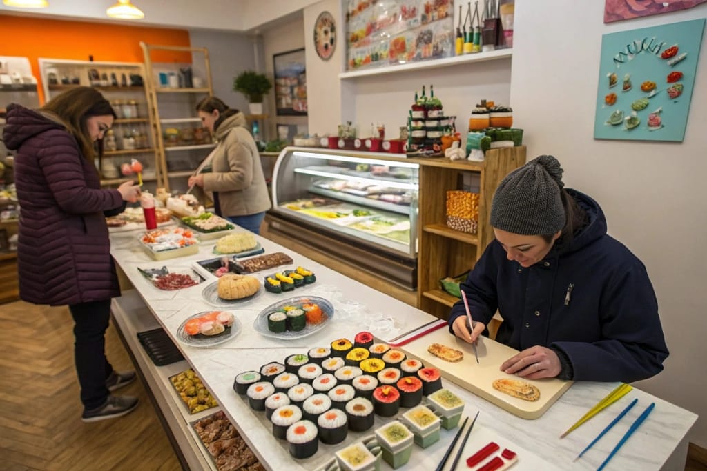 A compact shop scene showcasing fake sushi displays, a craft station for painting, and tourists browsing mini replica souvenirs.