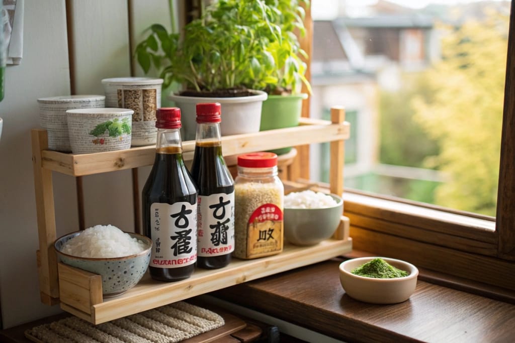 A charming kitchen corner displaying real Japanese ingredients alongside a couple of realistic fake sushi pieces, merging practicality and playful décor.