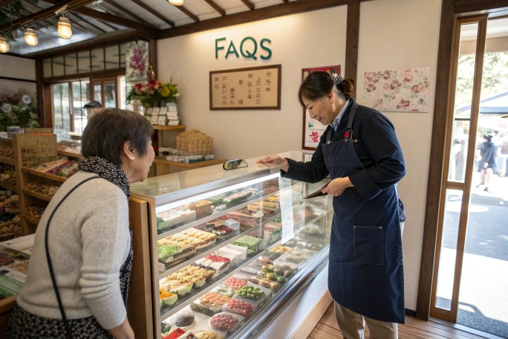 A helpful shop assistant showcasing an assortment of tiny fake Japanese food replicas to a captivated customer, under a sign labeled ‘FAQs.