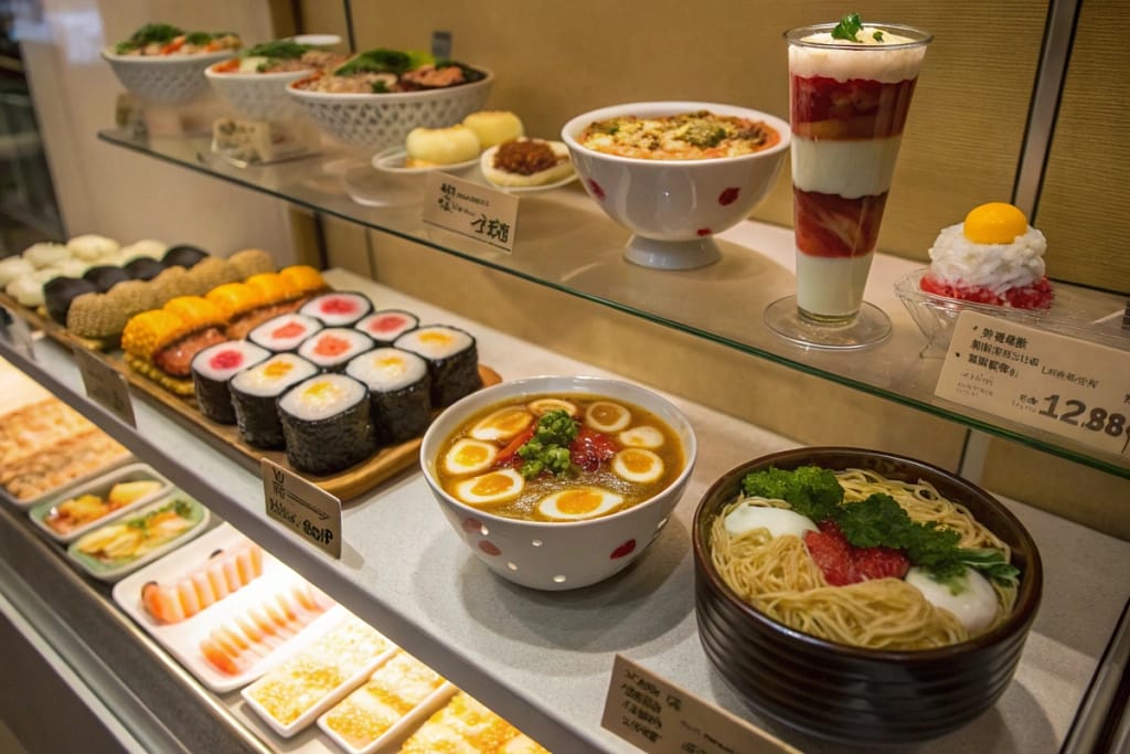 A captivating assortment of fake Japanese food replicas, including sushi, ramen, and dessert, meticulously arranged under soft lights.