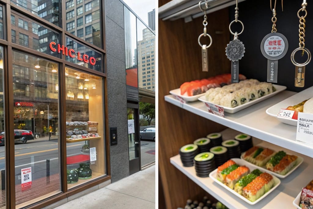 A tri-panel collage of real-life scenarios where fake Japanese food is used: a restaurant window, a tourist shop, and a cooking school demonstration area.