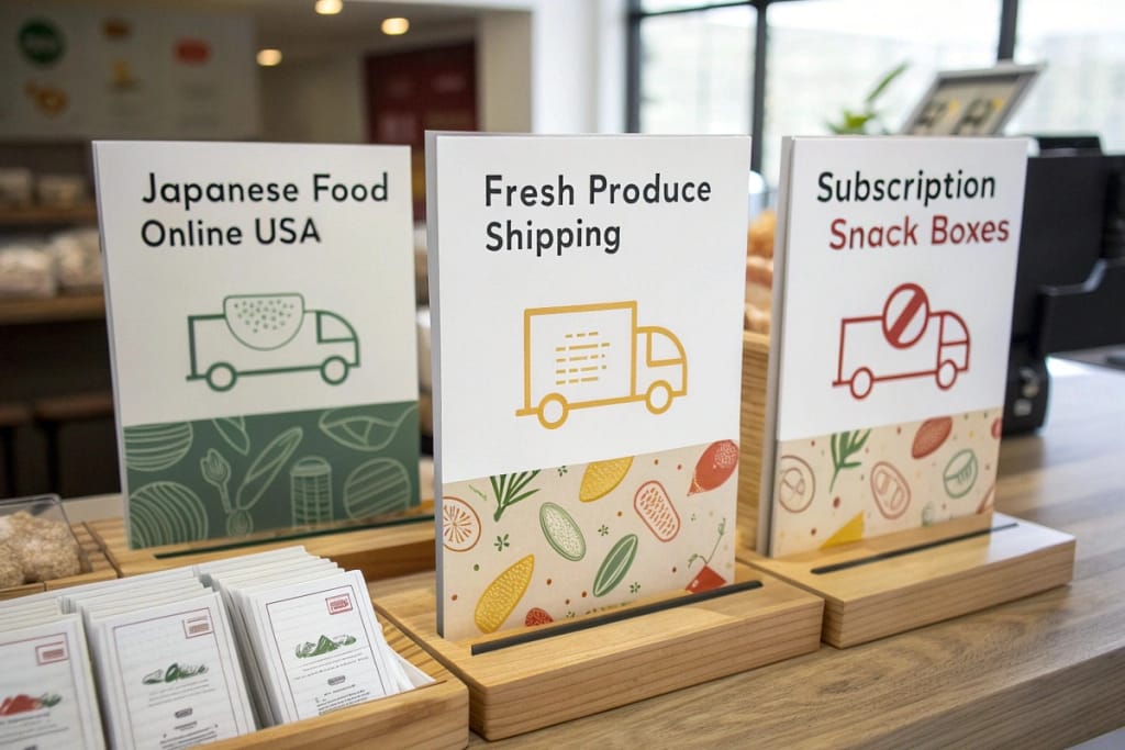 A Q&A display detailing common queries about japanese food online, including shipping costs, subscription boxes, and authenticity checks.