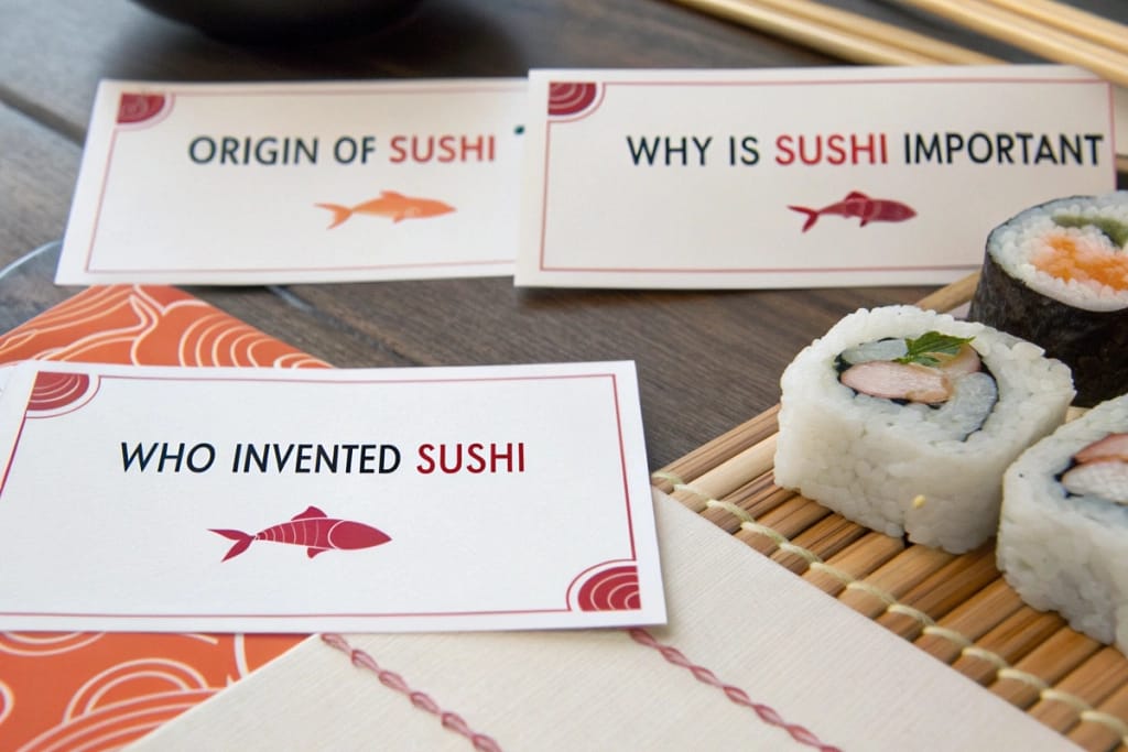 A curated Q&A board addressing common questions about sushi’s origins, symbolism, and cultural importance, with subtle sushi-themed decorations.