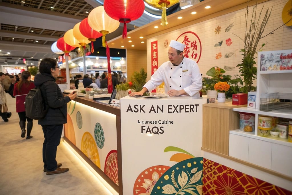 A welcoming FAQ station addressing common questions about Japanese food, visually guiding newcomers through best dish choices and cultural insights.