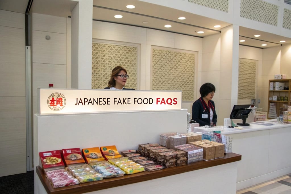 A vibrant FAQ station for Japanese fake food kits, illustrating typical questions about safety, authenticity, and usage.