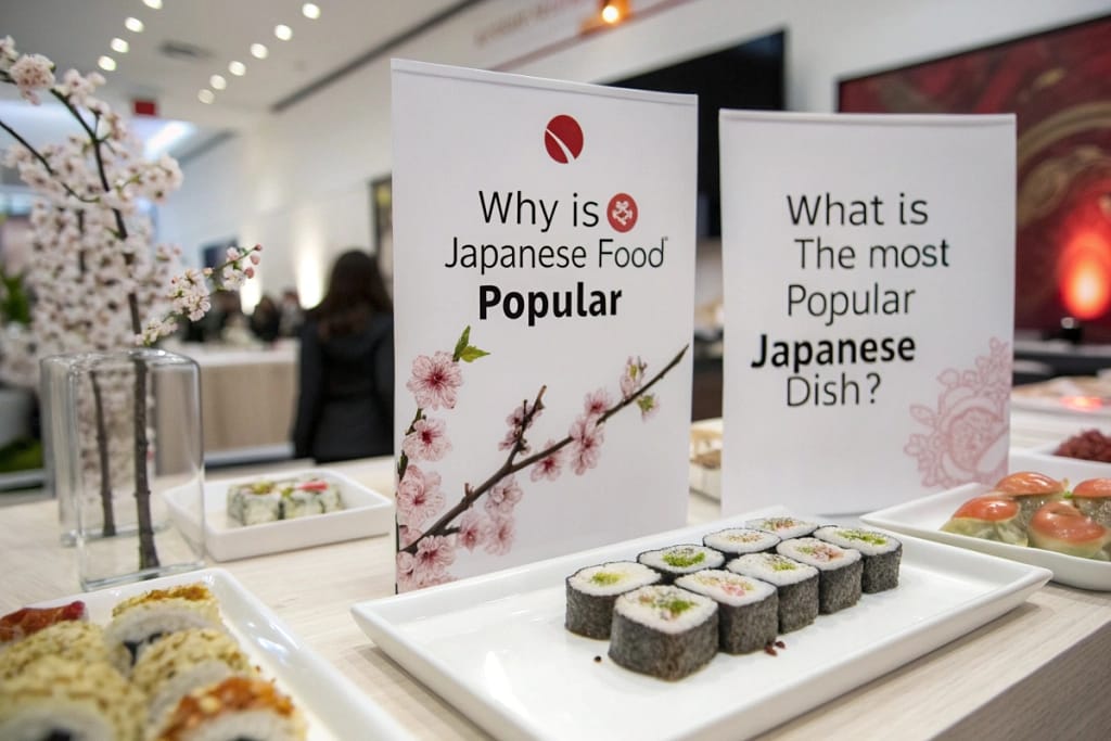 A collage of FAQ cards addressing common questions about the popularity of Japanese food, surrounded by subtle Japanese-themed decorations.