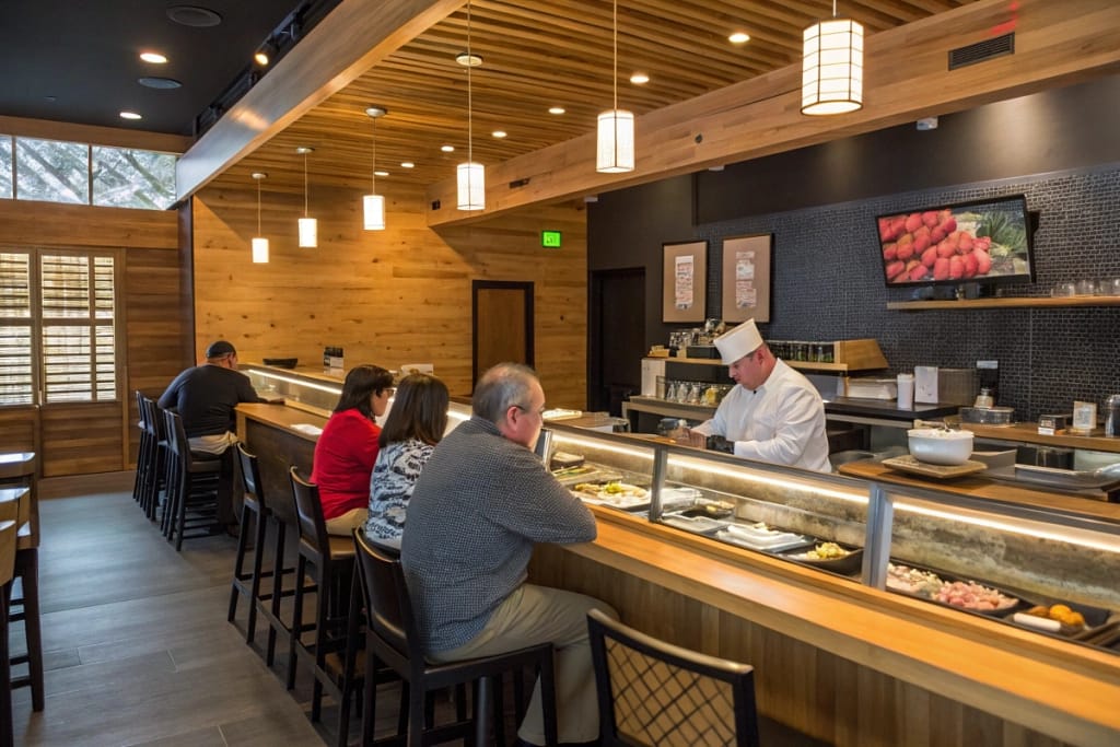 A contemporary sushi bar in Fayetteville blending Japanese design elements with Southern charm, attracting a diverse crowd.