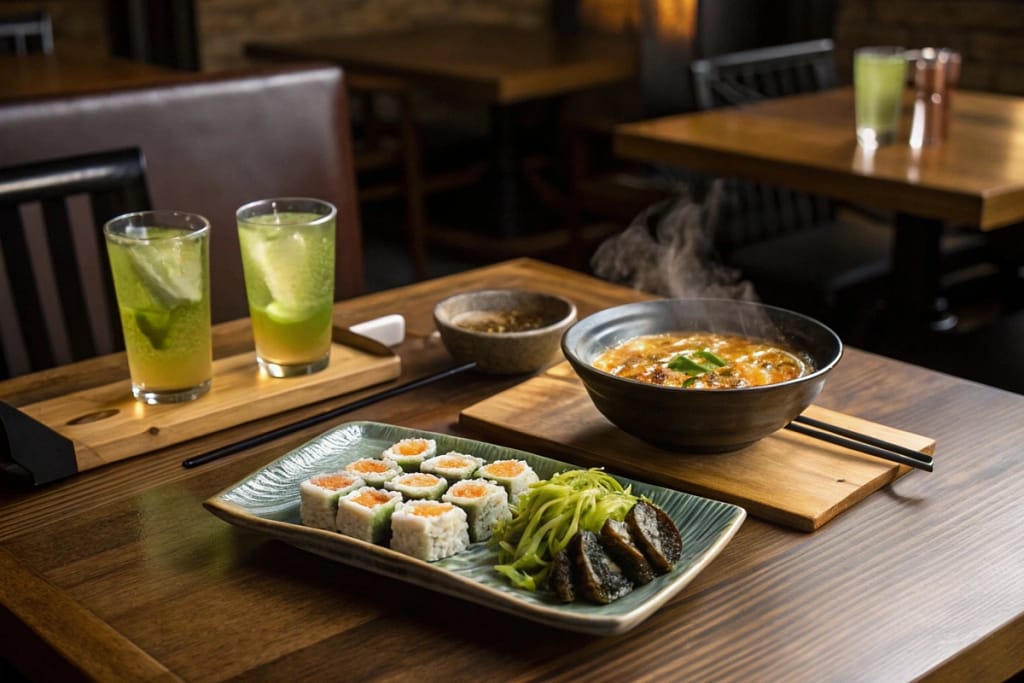 A warm, concluding view of a cozy Japanese meal setup in Fayetteville, highlighting the variety and comfort offered by local Japanese spots.