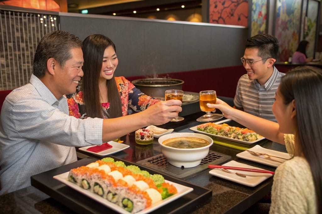 A joyful moment of diners raising tea cups in celebration, surrounded by vibrant Japanese dishes in a Flowood restaurant setting.