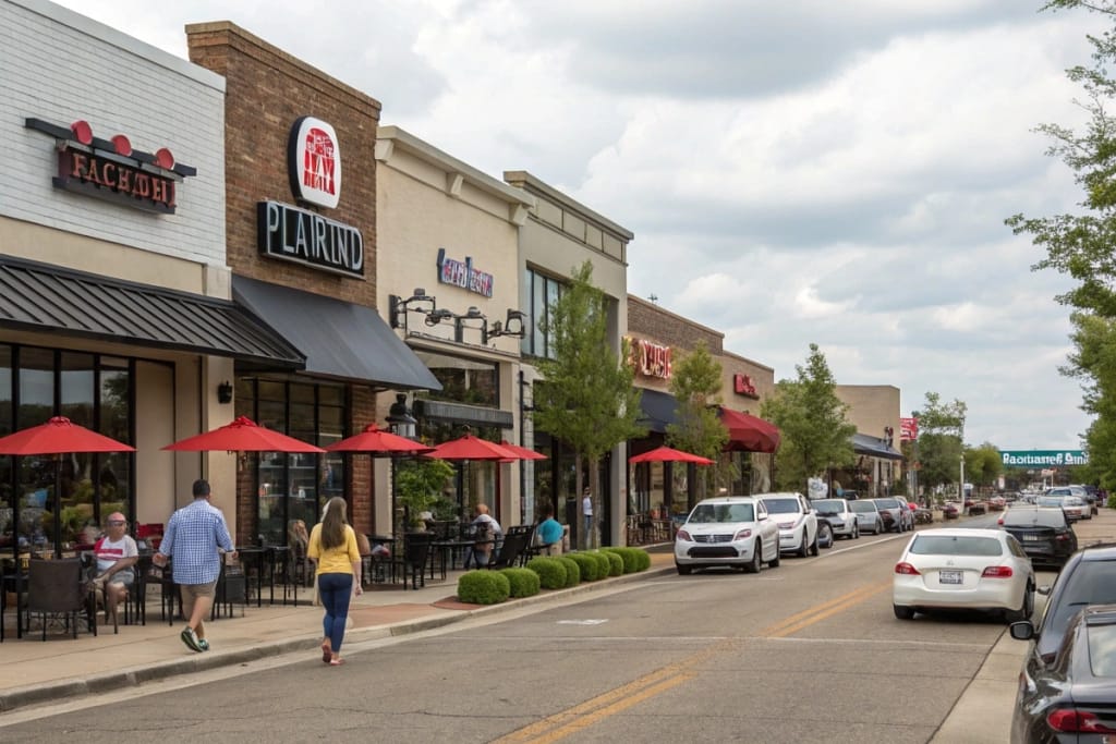 A lively Flowood street showcasing multiple dining establishments, including a prominent Japanese restaurant with a contemporary exterior.