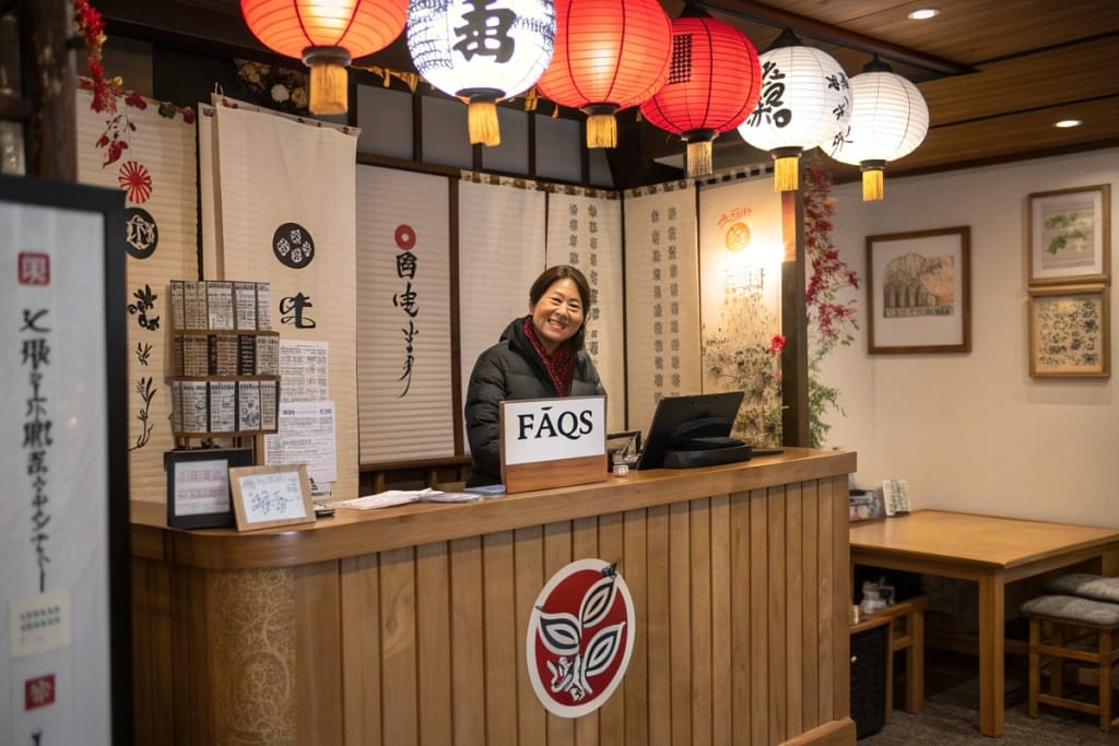 A welcoming FAQ station inside a Japanese restaurant, signifying helpful guidance for customers' most common questions.