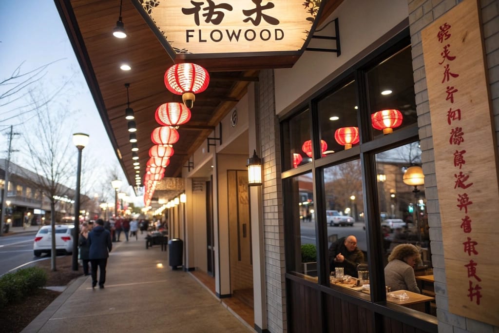 A warm, lantern-lit Japanese restaurant exterior in Flowood, Mississippi, welcoming diners with an authentic atmosphere.