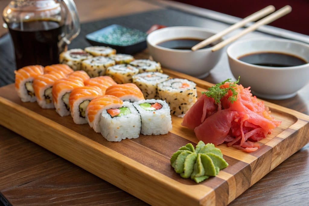 A mouthwatering sushi spread showcasing varied rolls and fresh garnishes, inviting viewers to sample their vibrant flavors.